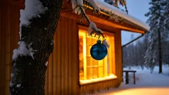 Lämmin hirsimökki talvimaisemassa, sininen joulupallo ja luminen metsä taustalla