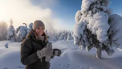 Nainen juo kuumaa juomaa talvisessa lumimaisemassa, aurinkoinen ja pakkaspäivä metsässä.