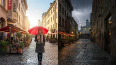 Vanha kaupunkikatu sateella ja auringonpaisteessa, nainen punaisen sateenvarjon kanssa.