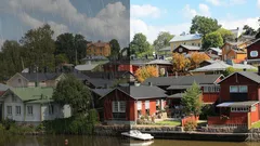 Porvoon vanhat värikkäät puutalot joen varrella, pilvinen ja aurinkoinen sää