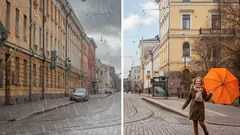 Katu Helsingissä sateisella ja aurinkoisella säällä, nainen oranssin sateenvarjon kanssa.